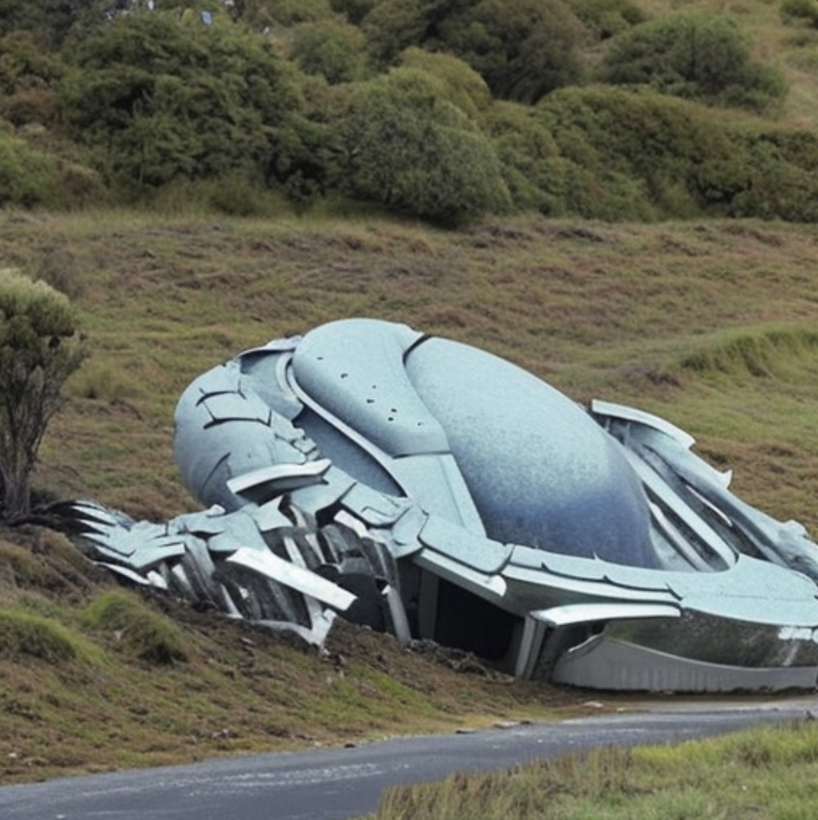 A complicated looking AI generated spaceship crashed on the side of what could easily be any road in Aotearoa.
