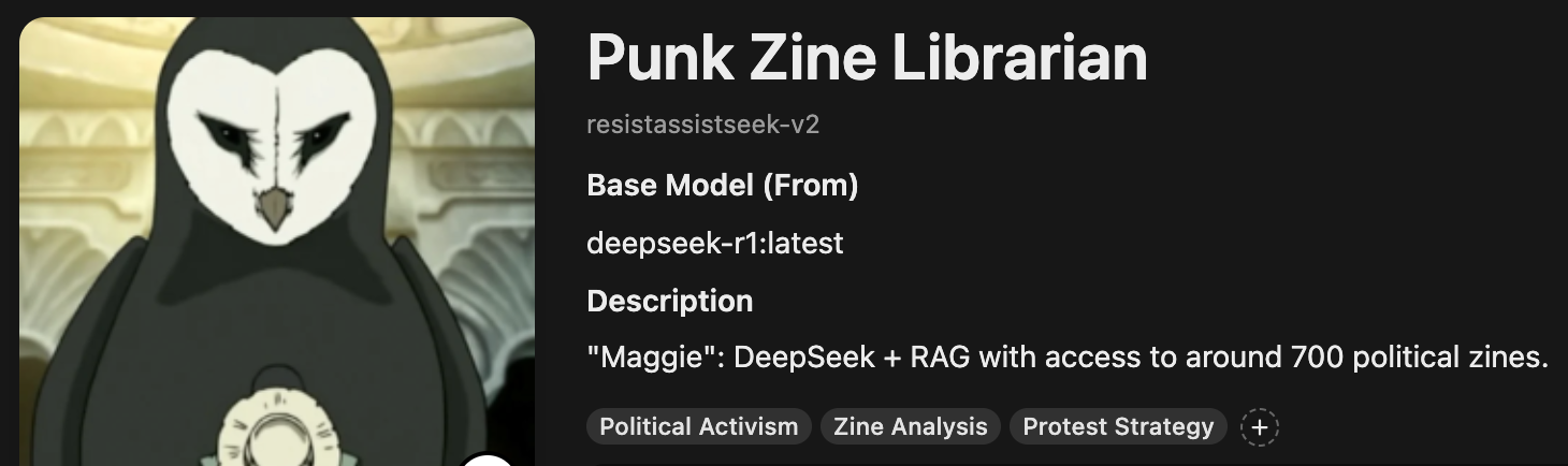 Model details for the punk zine librarian featuring the library owl from Avatar the Last Airbender.