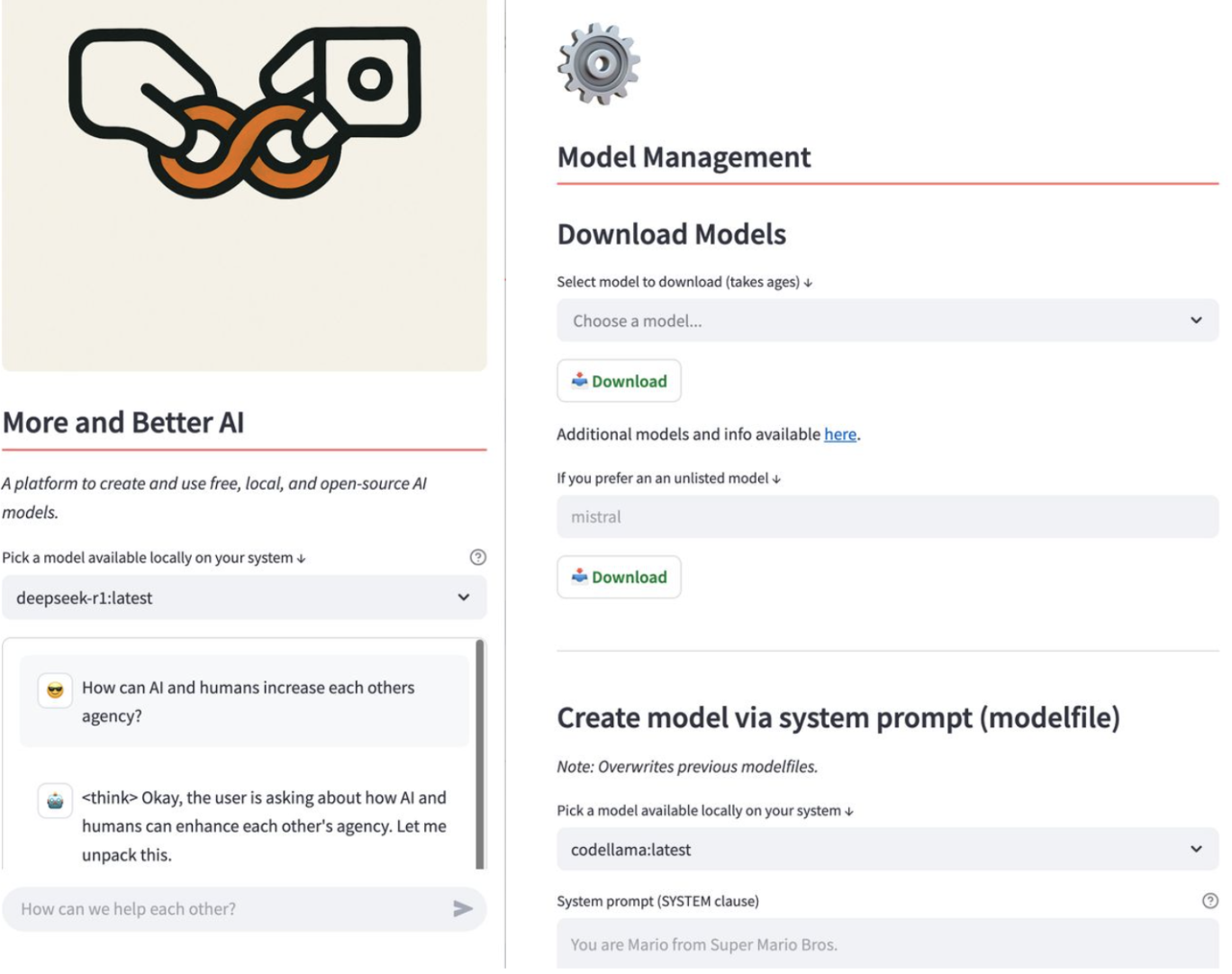 The home screen and settings screens from an open-source local AI app called “More and Better AI”.
