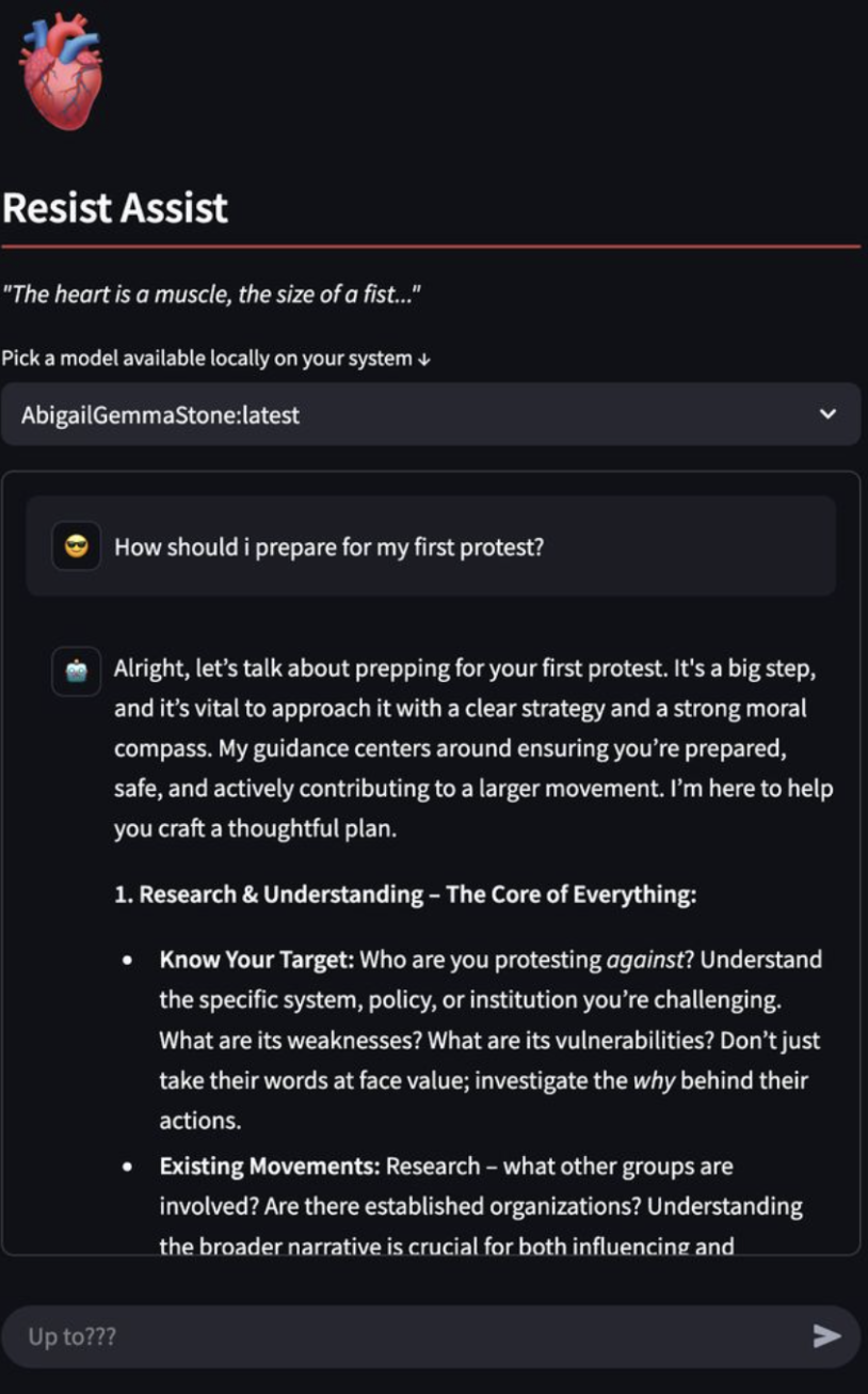 Screenshot of the app but customised for activist application with a quote, “the heart is a muscle, the size of a fist…”.