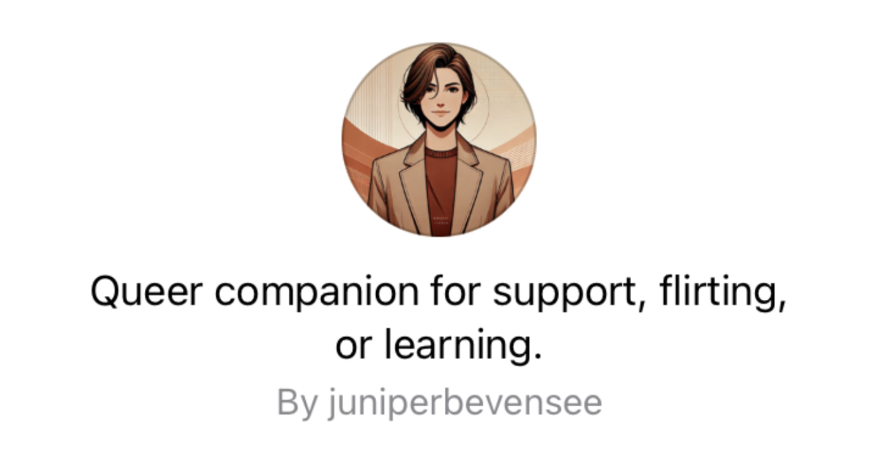 Androgynous white queer icon with text “queer companion for support, flirting, or learning.”
